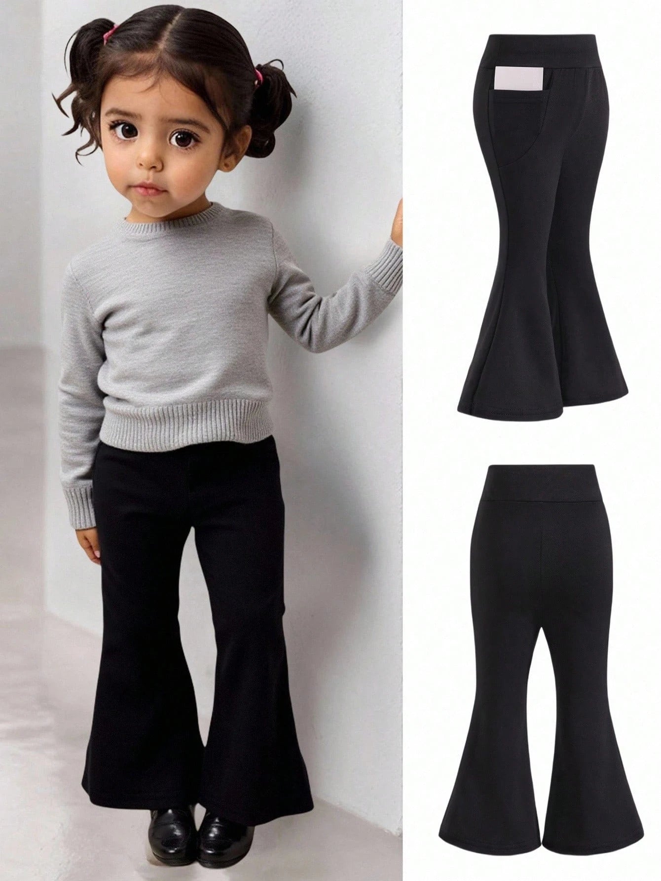Baby Girl Black Thermal Lined Casual Comfortable Versatile Solid Color Flare Pants, Autumn/Winter Fall