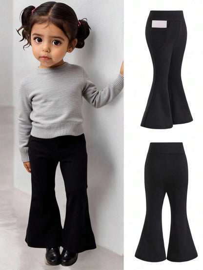 Baby Girl Black Thermal Lined Casual Comfortable Versatile Solid Color Flare Pants, Autumn/Winter Fall