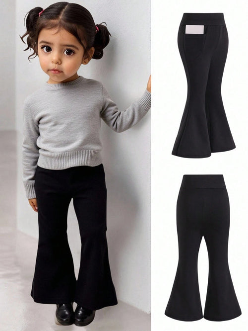 Baby Girl Black Thermal Lined Casual Comfortable Versatile Solid Color Flare Pants, Autumn/Winter Fall