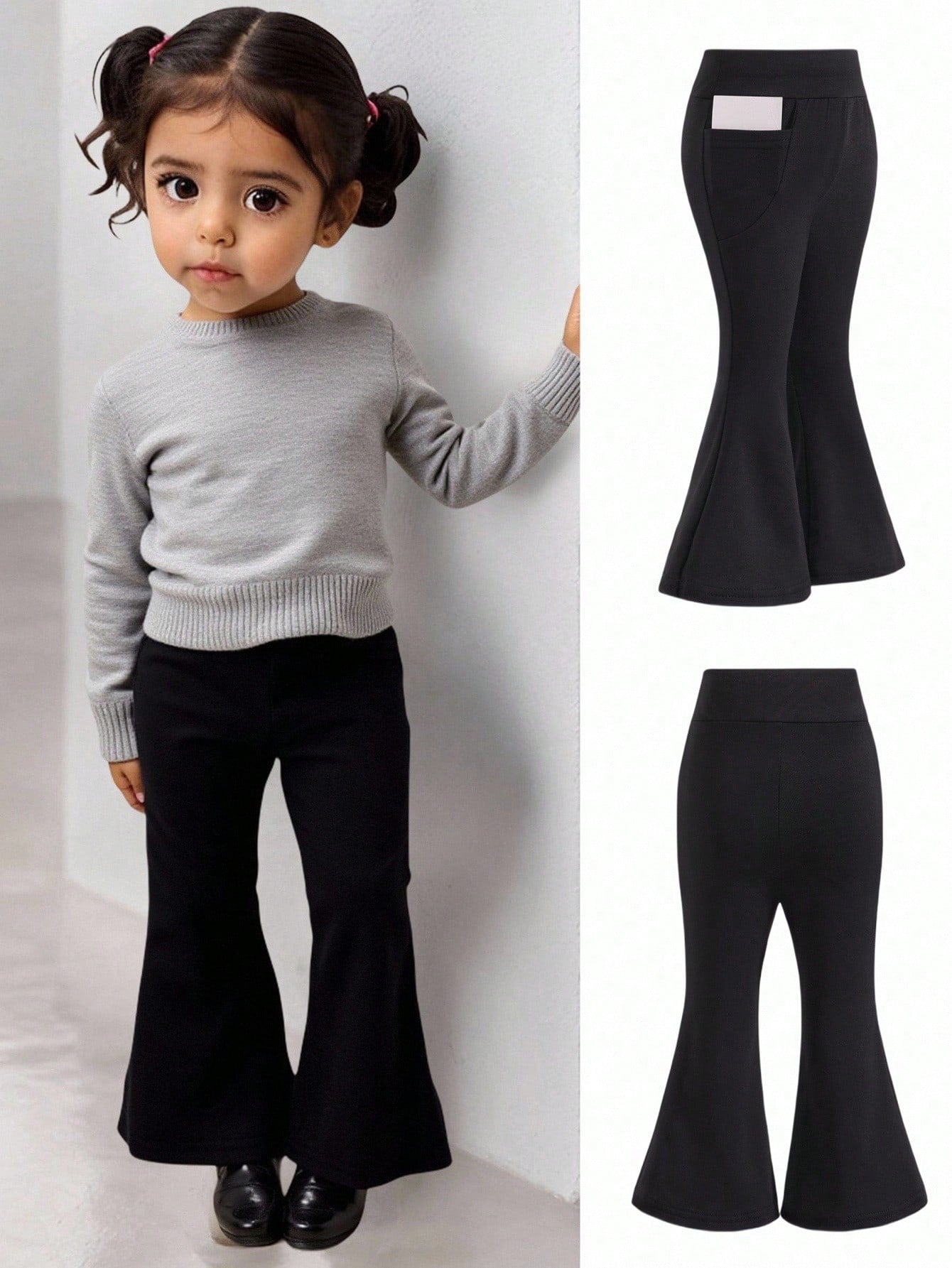 Baby Girl Black Thermal Lined Casual Comfortable Versatile Solid Color Flare Pants, Autumn/Winter Fall