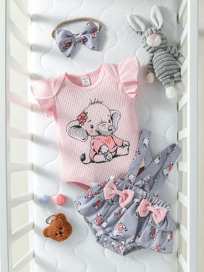 Baby Girl Cartoon Graphic Ruffle Trim Bodysuit & Bow Front Suspender Shorts & Headband