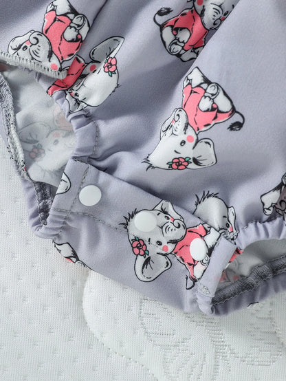Baby Girl Cartoon Graphic Ruffle Trim Bodysuit & Bow Front Suspender Shorts & Headband