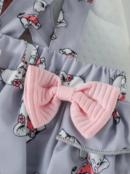 Baby Girl Cartoon Graphic Ruffle Trim Bodysuit & Bow Front Suspender Shorts & Headband