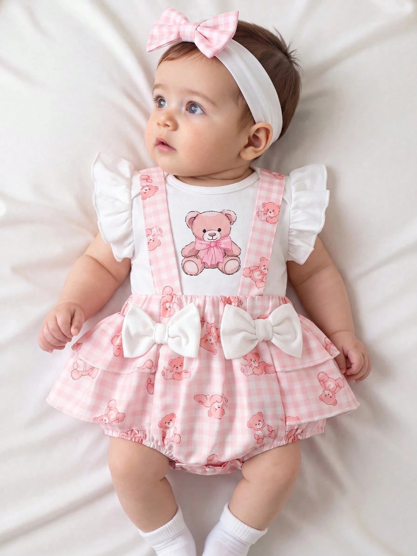 Baby Girl Cartoon Graphic Ruffle Trim Bodysuit & Bow Front Suspender Shorts & Headband