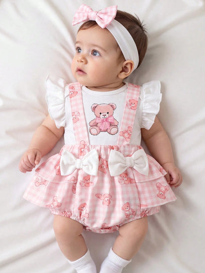 Baby Girl Cartoon Graphic Ruffle Trim Bodysuit & Bow Front Suspender Shorts & Headband