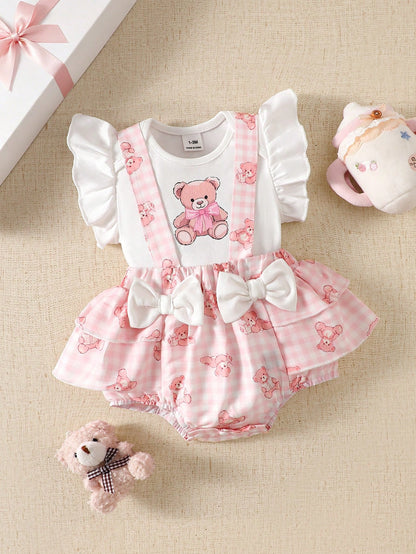 Baby Girl Cartoon Graphic Ruffle Trim Bodysuit & Bow Front Suspender Shorts & Headband