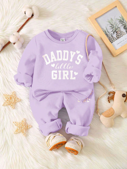 Baby Girl Cute Purple Autumn Tracksuit Set,Daddy's Little Girl Letter Print Soft Thick Long Sleeve Sweatshirt And Pants For Date,Casual Outfits
