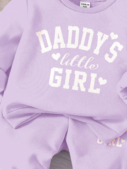 Baby Girl Cute Purple Autumn Tracksuit Set,Daddy's Little Girl Letter Print Soft Thick Long Sleeve Sweatshirt And Pants For Date,Casual Outfits