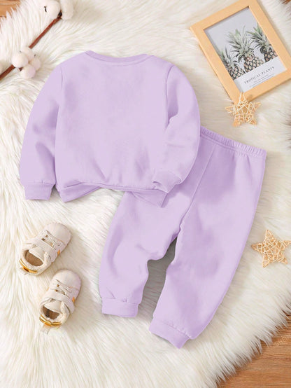 Baby Girl Cute Purple Autumn Tracksuit Set,Daddy's Little Girl Letter Print Soft Thick Long Sleeve Sweatshirt And Pants For Date,Casual Outfits