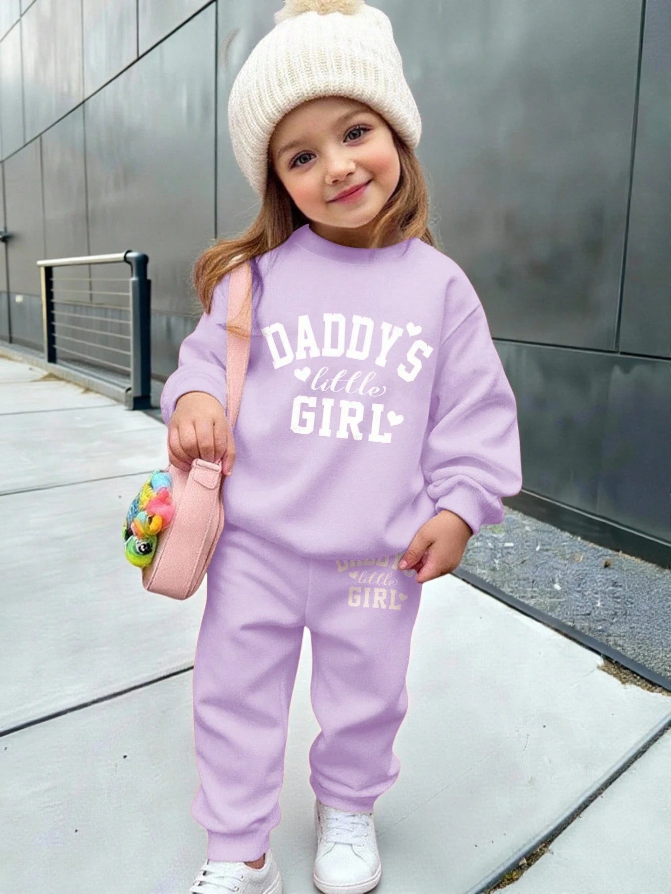 Baby Girl Cute Purple Autumn Tracksuit Set,Daddy's Little Girl Letter Print Soft Thick Long Sleeve Sweatshirt And Pants For Date,Casual Outfits