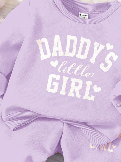 Baby Girl Cute Purple Autumn Tracksuit Set,Daddy's Little Girl Letter Print Soft Thick Long Sleeve Sweatshirt And Pants For Date,Casual Outfits