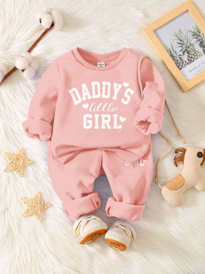 Baby Girl Cute Purple Autumn Tracksuit Set,Daddy's Little Girl Letter Print Soft Thick Long Sleeve Sweatshirt And Pants For Date,Casual Outfits