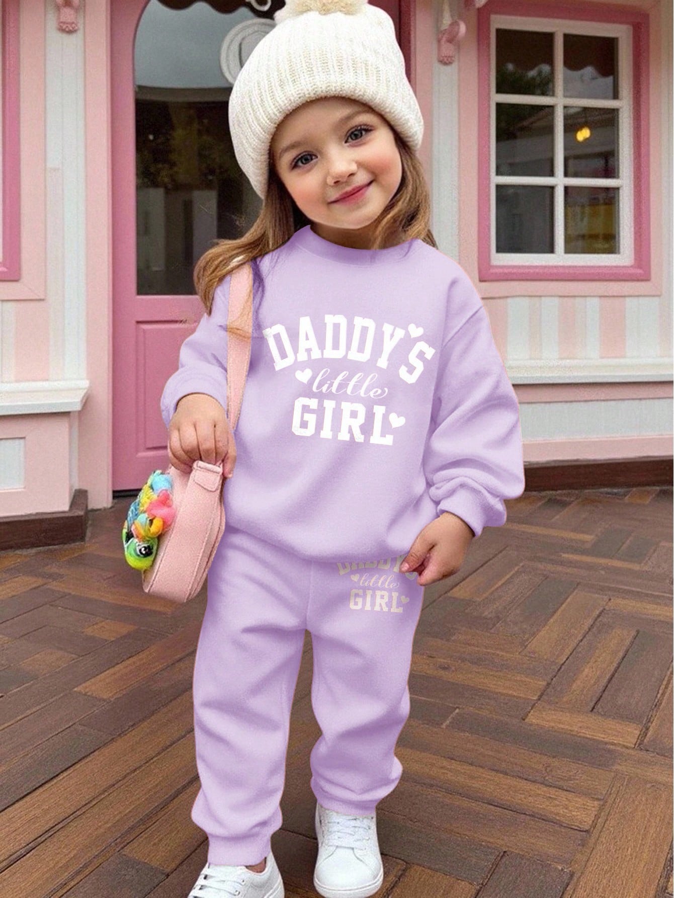Baby Girl Cute Purple Autumn Tracksuit Set,Daddy's Little Girl Letter Print Soft Thick Long Sleeve Sweatshirt And Pants For Date,Casual Outfits