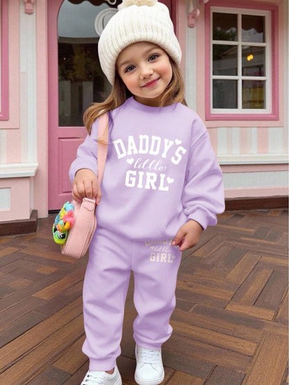 Baby Girl Cute Purple Autumn Tracksuit Set,Daddy's Little Girl Letter Print Soft Thick Long Sleeve Sweatshirt And Pants For Date,Casual Outfits