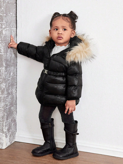 Baby Girl Cute Solid Color Thermal Lined Hooded Jacket, Autumn/Winter