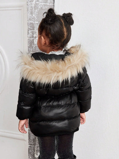 Baby Girl Cute Solid Color Thermal Lined Hooded Jacket, Autumn/Winter