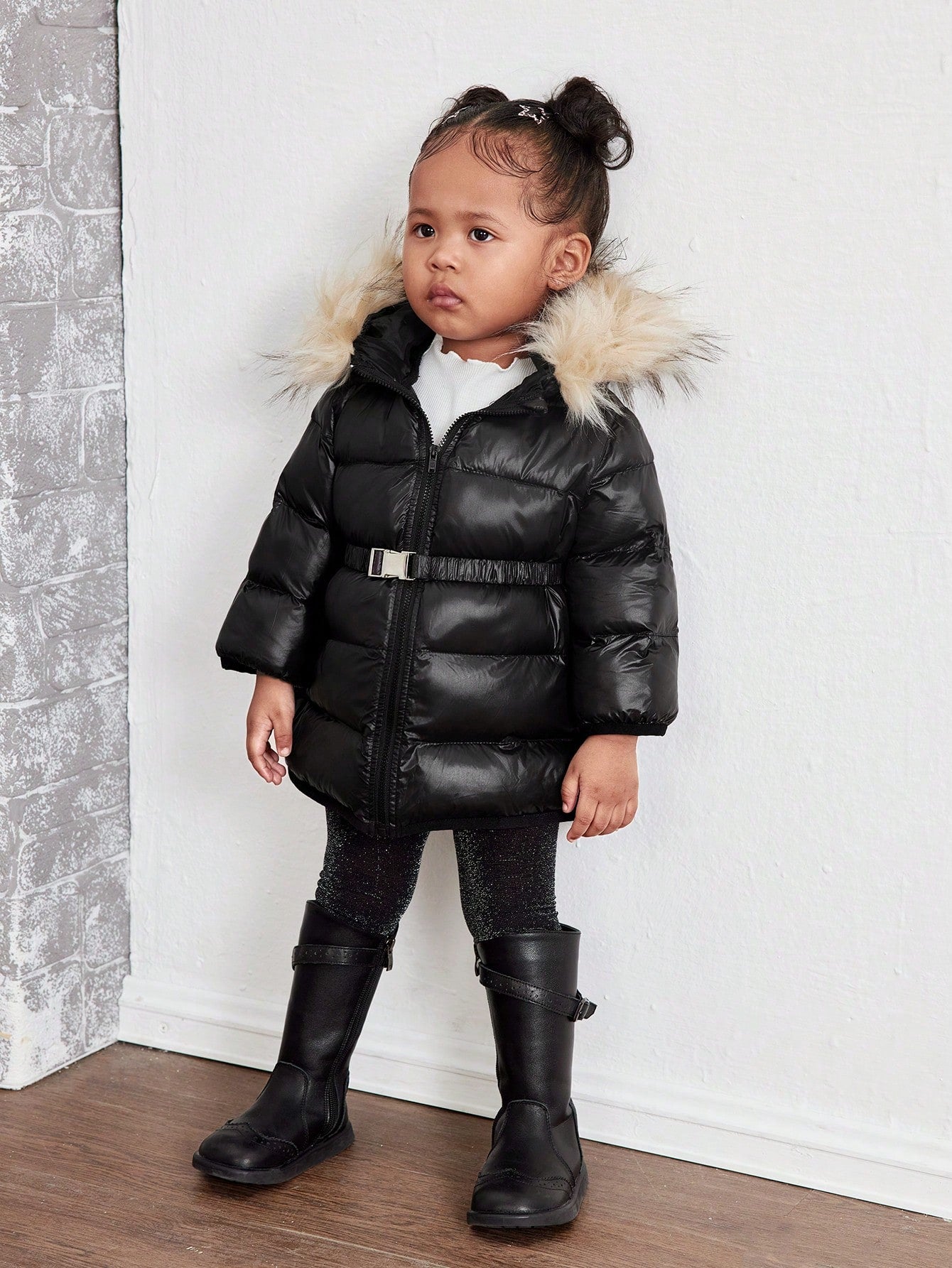 Baby Girl Cute Solid Color Thermal Lined Hooded Jacket, Autumn/Winter