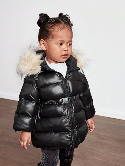 Baby Girl Cute Solid Color Thermal Lined Hooded Jacket, Autumn/Winter