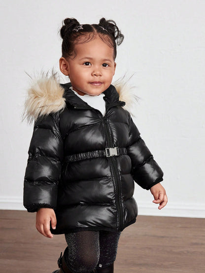 Baby Girl Cute Solid Color Thermal Lined Hooded Jacket, Autumn/Winter