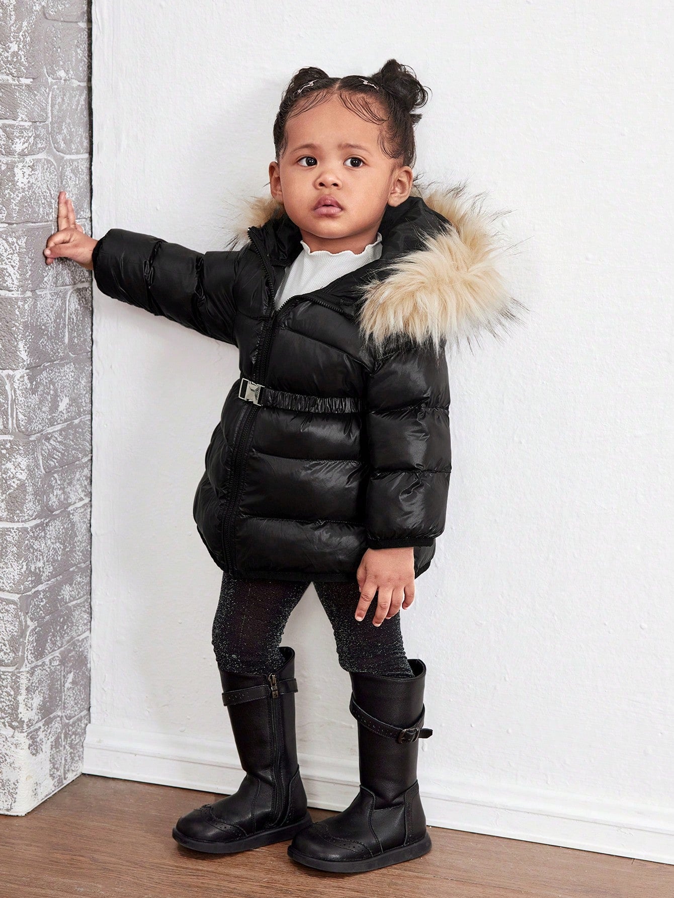 Baby Girl Cute Solid Color Thermal Lined Hooded Jacket, Autumn/Winter