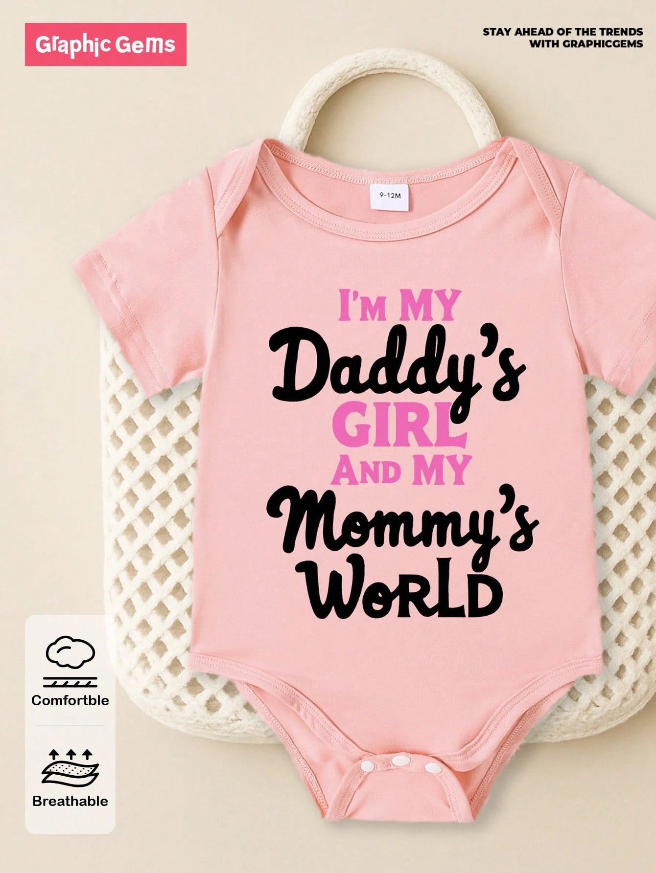 Baby Girl Cute Sweet "I'M MY DADDY'S GIRL AND MY MOMMY'S WORLD" Letter Print Short Sleeve Bodysuit, Summer