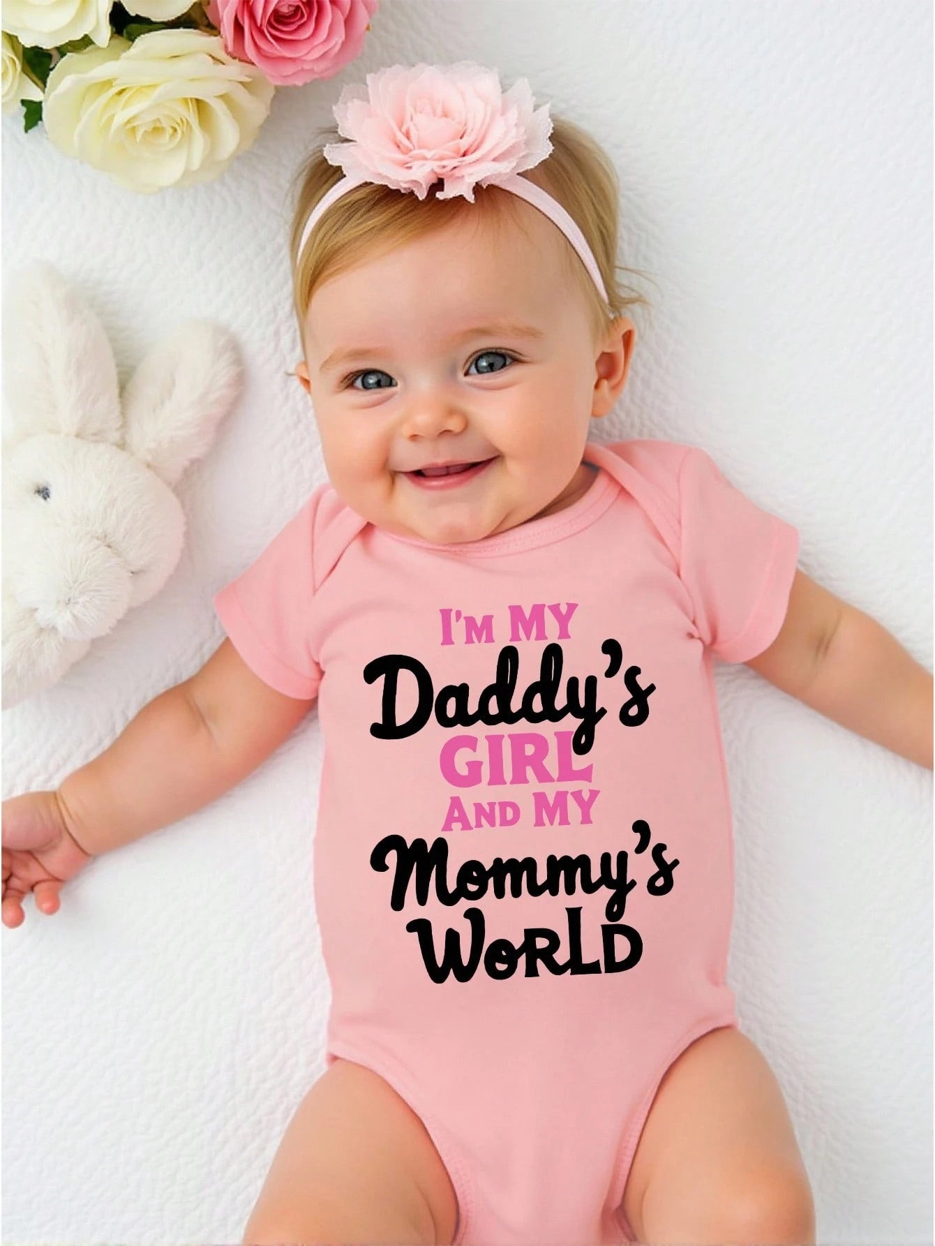 Baby Girl Cute Sweet "I'M MY DADDY'S GIRL AND MY MOMMY'S WORLD" Letter Print Short Sleeve Bodysuit, Summer