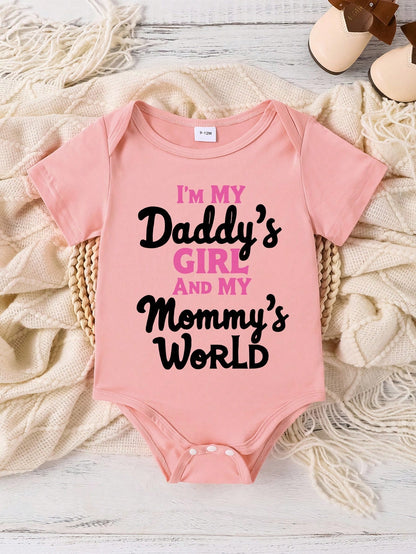 Baby Girl Cute Sweet "I'M MY DADDY'S GIRL AND MY MOMMY'S WORLD" Letter Print Short Sleeve Bodysuit, Summer