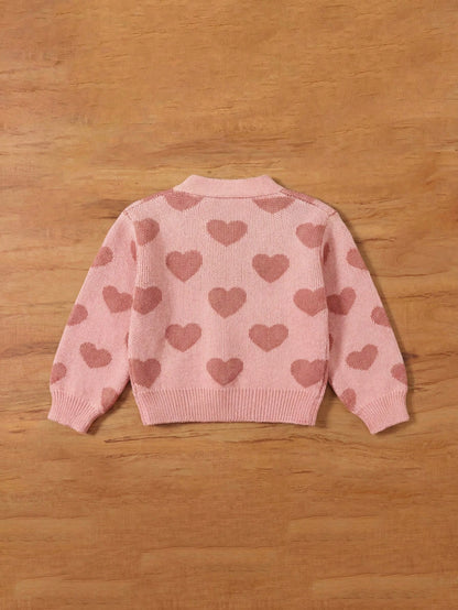 Baby Girl Girls Cute Lightweight Autumn Winter Sweater Cardigan Featuring An Allover Heart Pattern And Ribbed Trim
