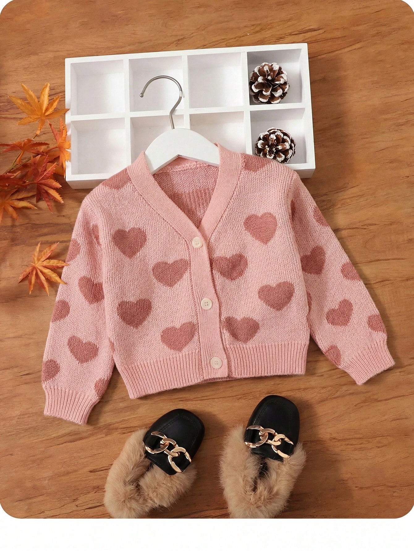 Baby Girl Girls Cute Lightweight Autumn Winter Sweater Cardigan Featuring An Allover Heart Pattern And Ribbed Trim