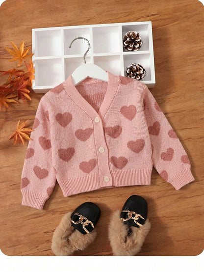 Baby Girl Girls Cute Lightweight Autumn Winter Sweater Cardigan Featuring An Allover Heart Pattern And Ribbed Trim