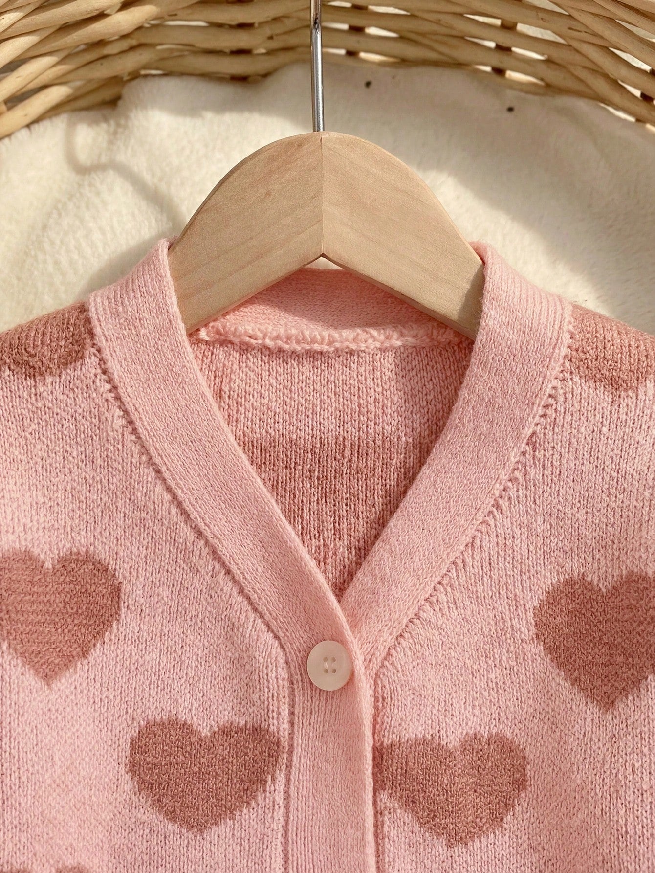 Baby Girl Girls Cute Lightweight Autumn Winter Sweater Cardigan Featuring An Allover Heart Pattern And Ribbed Trim