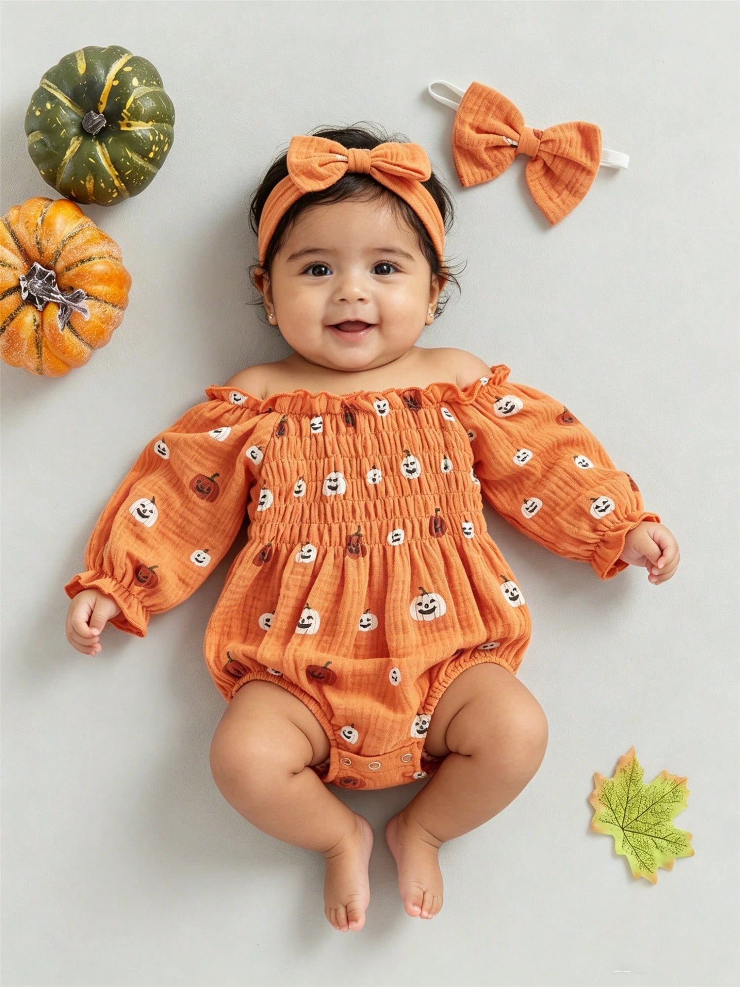 Baby Girl Halloween Romper Pumpkin Smocked Ruched Bubble Romper Bodysuit Off Shoulder Jumpsuit Outfit With Bow Headband