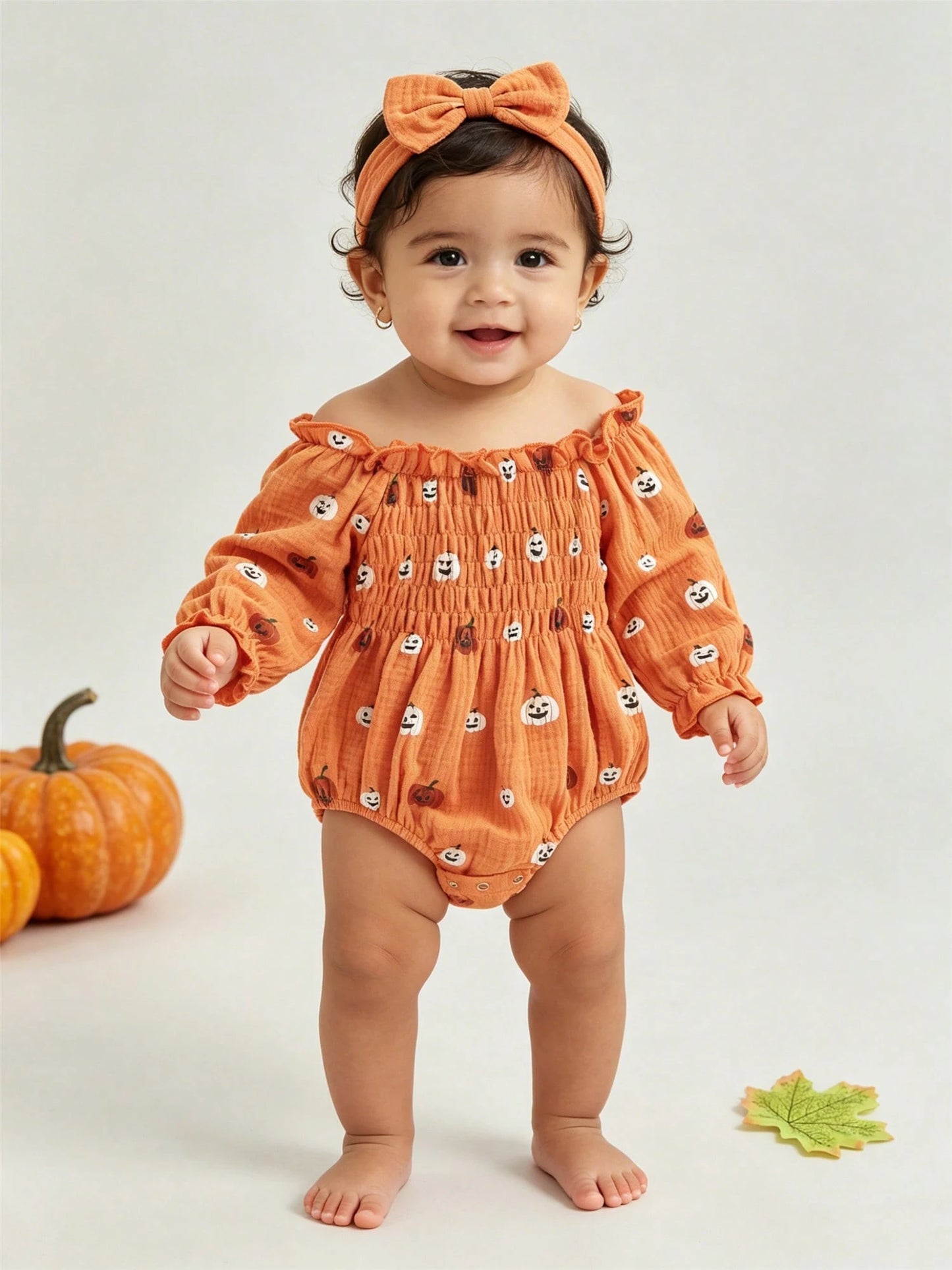 Baby Girl Halloween Romper Pumpkin Smocked Ruched Bubble Romper Bodysuit Off Shoulder Jumpsuit Outfit With Bow Headband