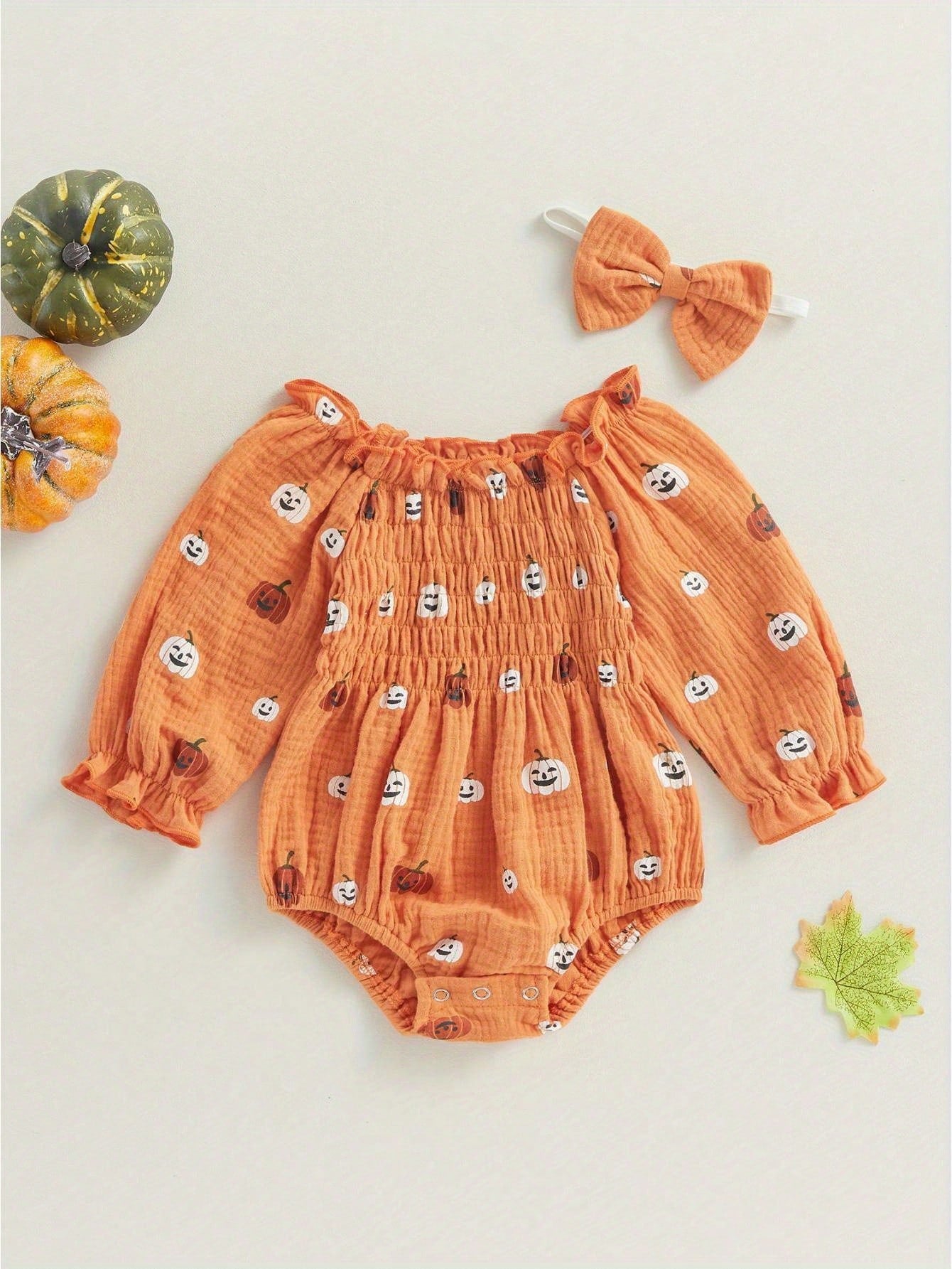 Baby Girl Halloween Romper Pumpkin Smocked Ruched Bubble Romper Bodysuit Off Shoulder Jumpsuit Outfit With Bow Headband