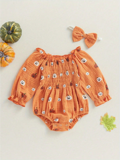 Baby Girl Halloween Romper Pumpkin Smocked Ruched Bubble Romper Bodysuit Off Shoulder Jumpsuit Outfit With Bow Headband