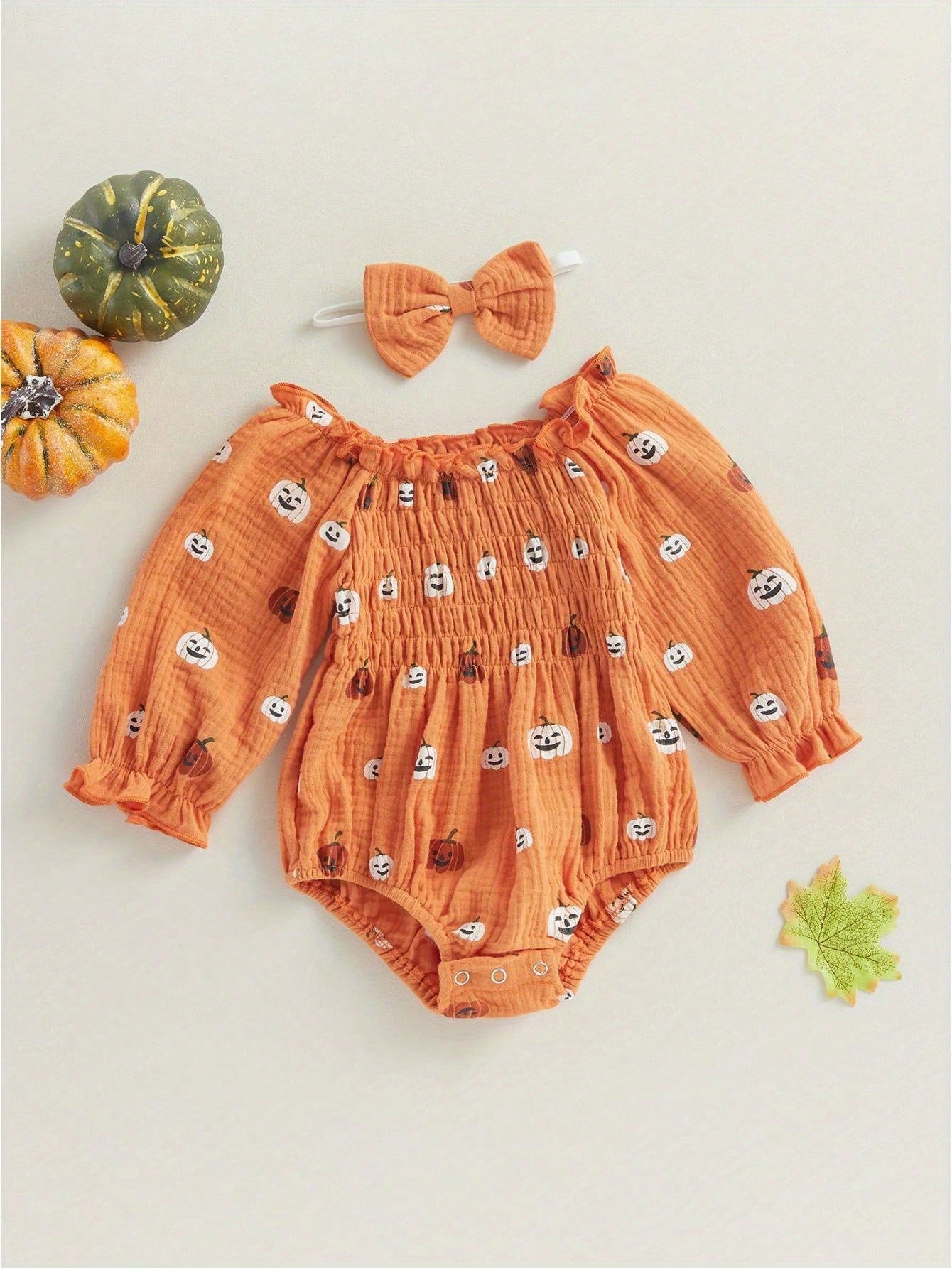 Baby Girl Halloween Romper Pumpkin Smocked Ruched Bubble Romper Bodysuit Off Shoulder Jumpsuit Outfit With Bow Headband