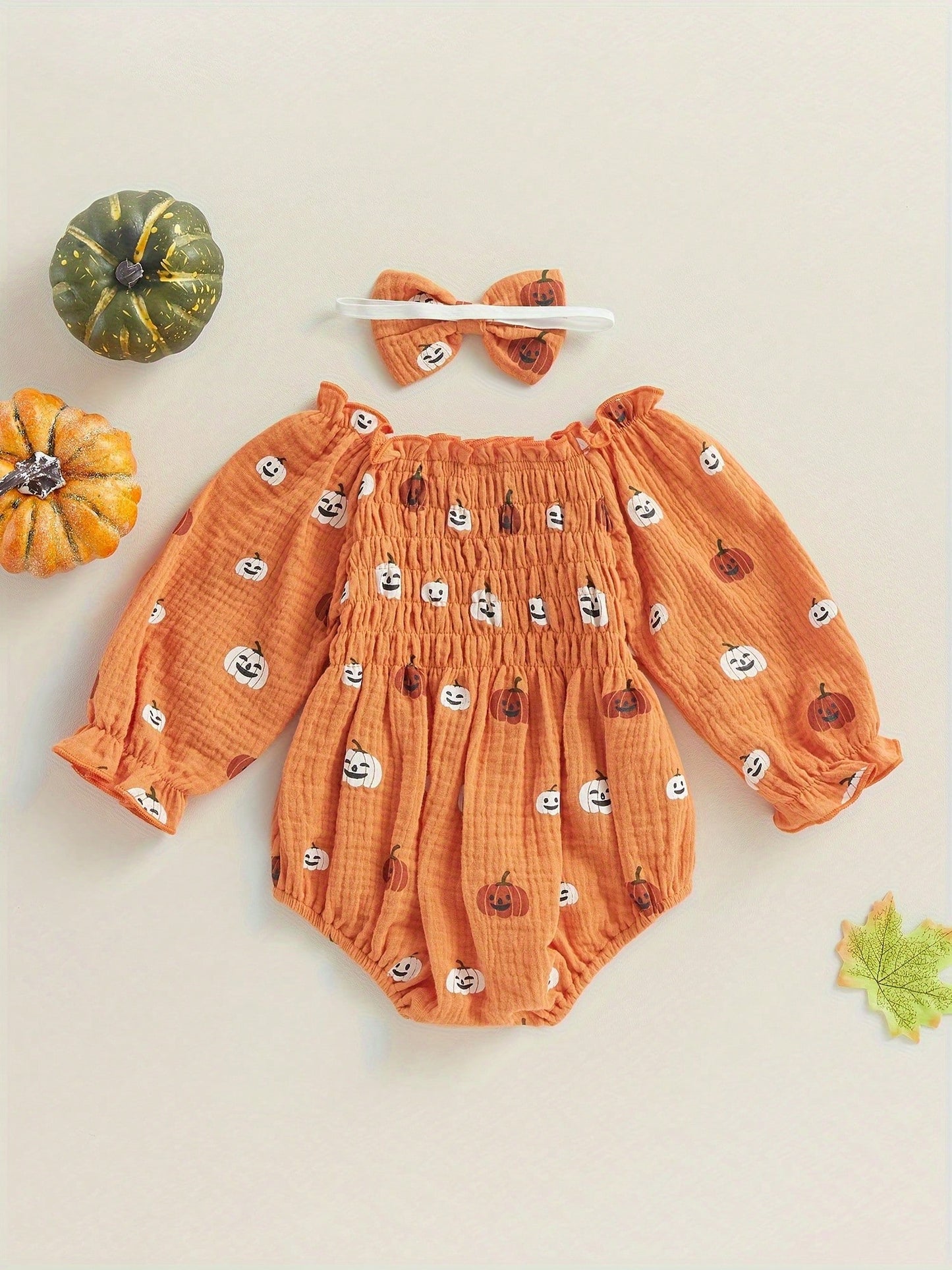 Baby Girl Halloween Romper Pumpkin Smocked Ruched Bubble Romper Bodysuit Off Shoulder Jumpsuit Outfit With Bow Headband