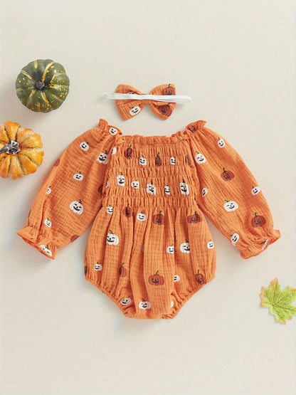 Baby Girl Halloween Romper Pumpkin Smocked Ruched Bubble Romper Bodysuit Off Shoulder Jumpsuit Outfit With Bow Headband
