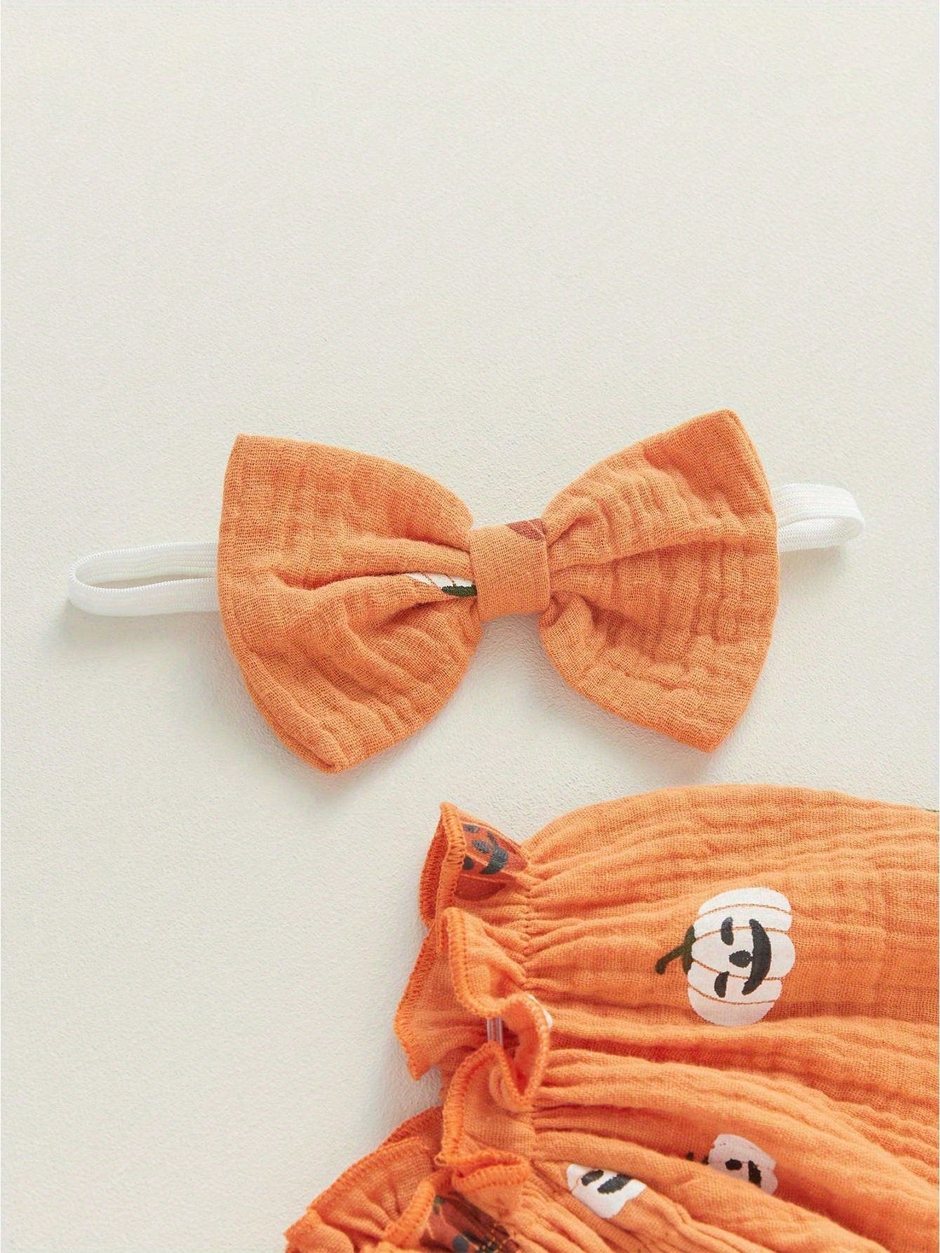 Baby Girl Halloween Romper Pumpkin Smocked Ruched Bubble Romper Bodysuit Off Shoulder Jumpsuit Outfit With Bow Headband