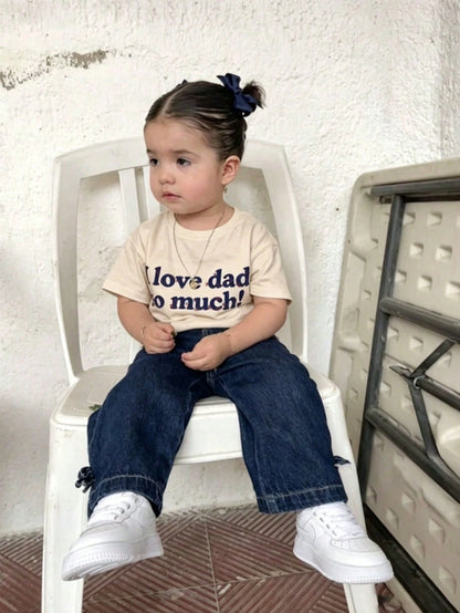 Baby Girl "I Love Dad So Much!" Slogan Print Short Sleeve T-Shirt, Casual Crew Neck Top Suitable For Toddlers