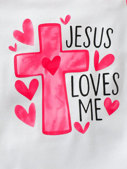 Baby Girl Jesus Loves Me Letter & Heart Print Round Neck Cap Sleeve Romper, Casual Comfortable Cute, Suitable For Spring/Summer Outings, Can Be Used As A Gift, Creative Present