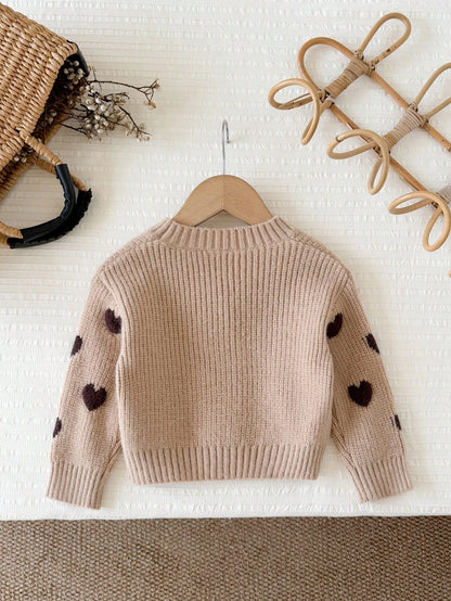 Baby Girl Knit Heart Pattern V-Neck Casual 2016 Aesthetic Cute Kawaii Cardigan Family Matching Mommy And Me Photoshoot Beige Autumn Fall Clothes