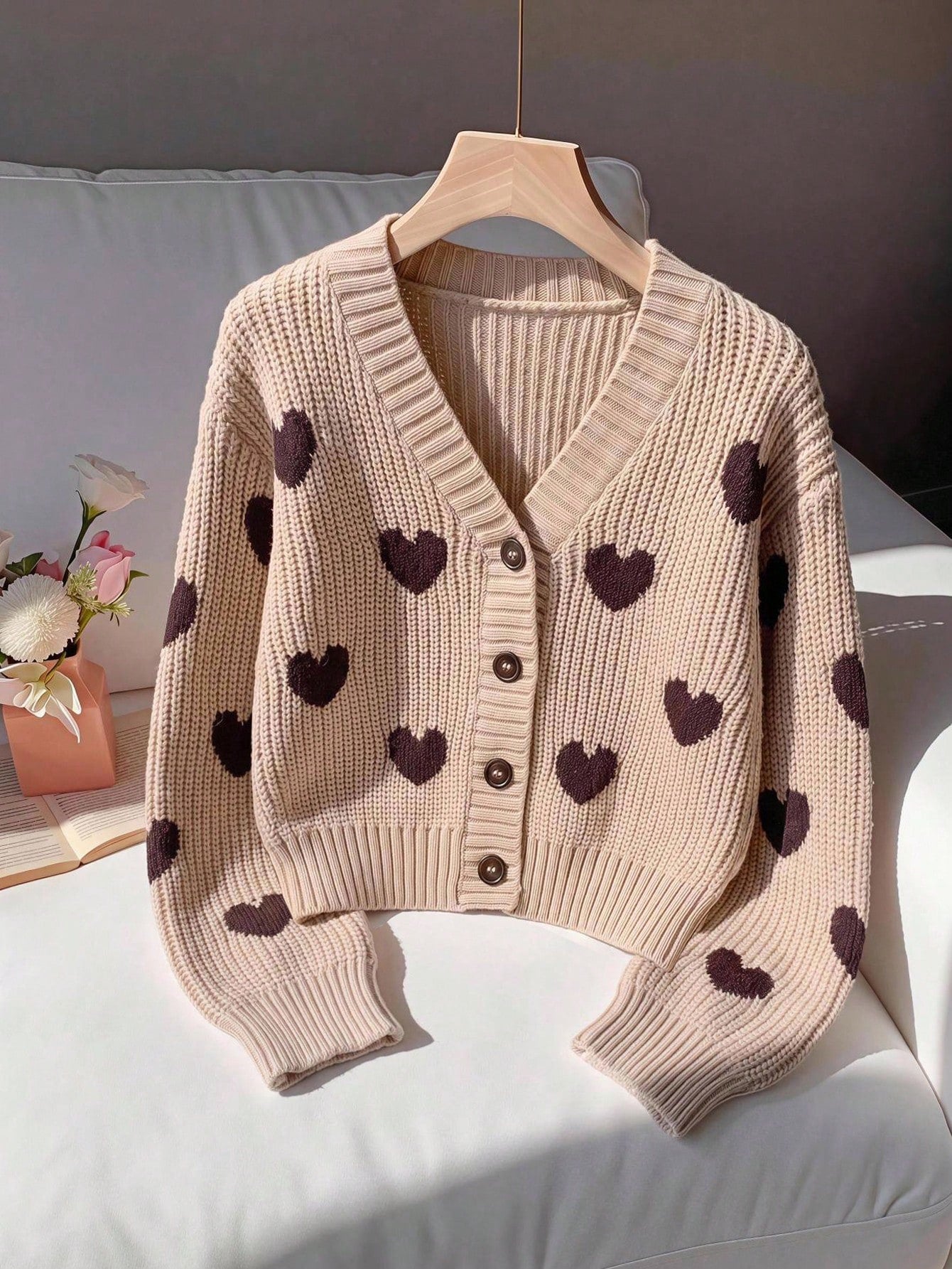 Baby Girl Knit Heart Pattern V-Neck Casual 2016 Aesthetic Cute Kawaii Cardigan Family Matching Mommy And Me Photoshoot Beige Autumn Fall Clothes