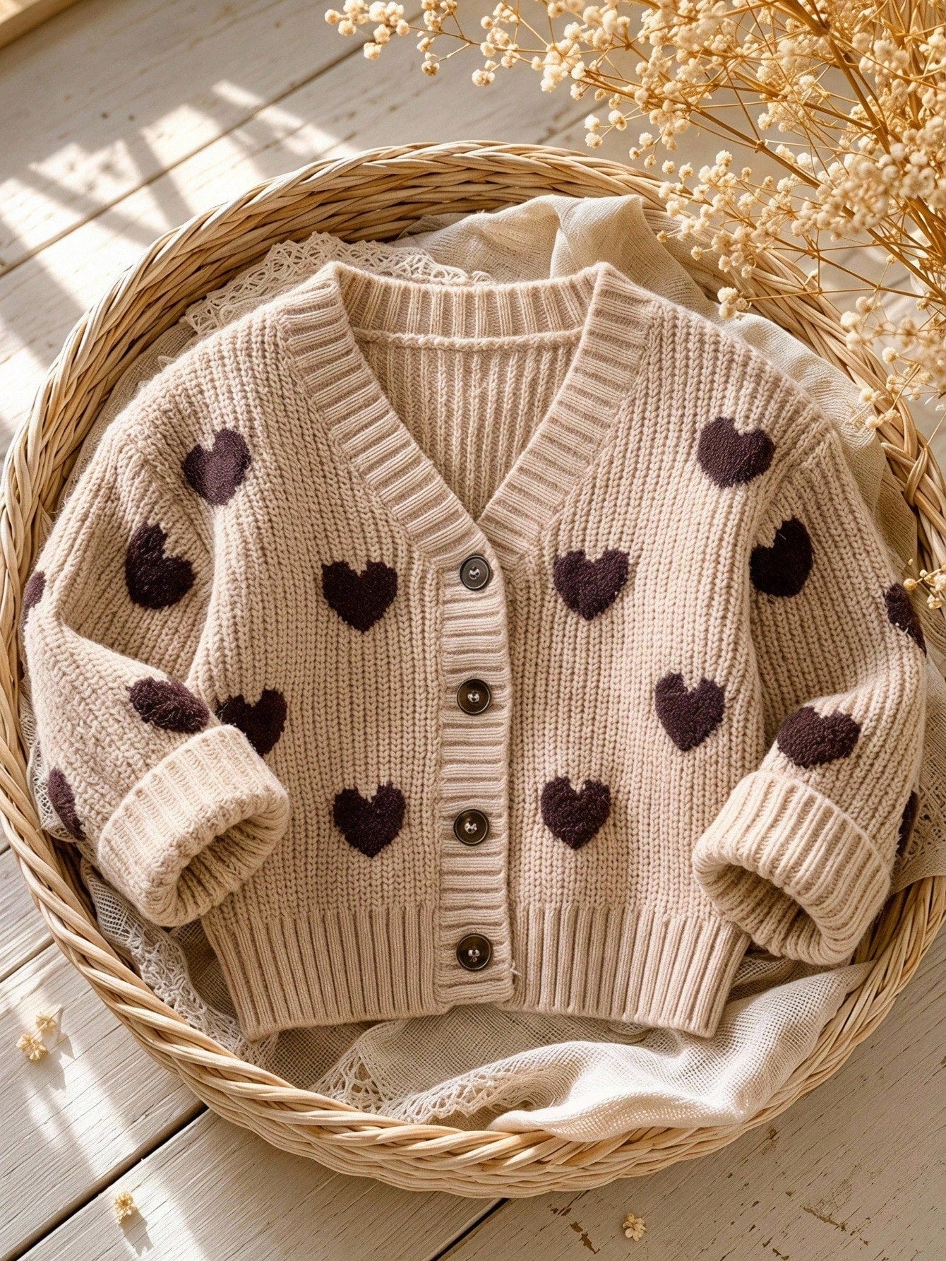Baby Girl Knit Heart Pattern V-Neck Casual 2016 Aesthetic Cute Kawaii Cardigan Family Matching Mommy And Me Photoshoot Beige Autumn Fall Clothes