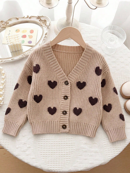Baby Girl Knit Heart Pattern V-Neck Casual 2016 Aesthetic Cute Kawaii Cardigan Family Matching Mommy And Me Photoshoot Beige Autumn Fall Clothes