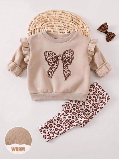 Baby Girl Knit Solid Color Bow Pattern Ruffle Casual Sweatshirt & Leopard Print Long Autumn Winter Pants 2-Piece Set, Fleece Lined Brushed Thick