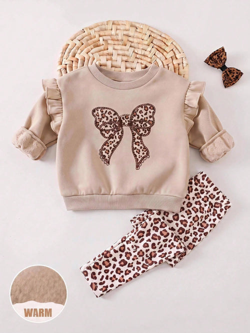 Baby Girl Knit Solid Color Bow Pattern Ruffle Casual Sweatshirt & Leopard Print Long Autumn Winter Pants 2-Piece Set, Fleece Lined Brushed Thick