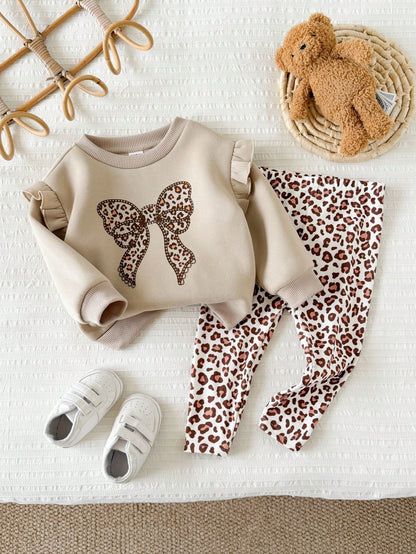 Baby Girl Knit Solid Color Bow Pattern Ruffle Casual Sweatshirt & Leopard Print Long Autumn Winter Pants 2-Piece Set, Fleece Lined Brushed Thick