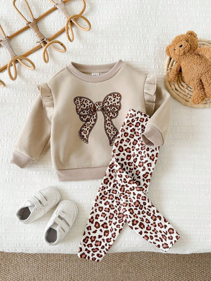 Baby Girl Knit Solid Color Bow Pattern Ruffle Casual Sweatshirt & Leopard Print Long Autumn Winter Pants 2-Piece Set, Fleece Lined Brushed Thick