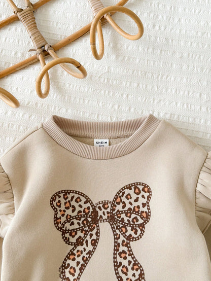 Baby Girl Knit Solid Color Bow Pattern Ruffle Casual Sweatshirt & Leopard Print Long Autumn Winter Pants 2-Piece Set, Fleece Lined Brushed Thick